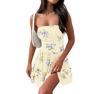Women’s Summer Floral Strapless Tube Dress Boho Mini Ruffle Tiered